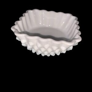 Vintage Fenton Opalencent Milk Glass Hobnail Crimped Edge 4 Inch Pickle Dish